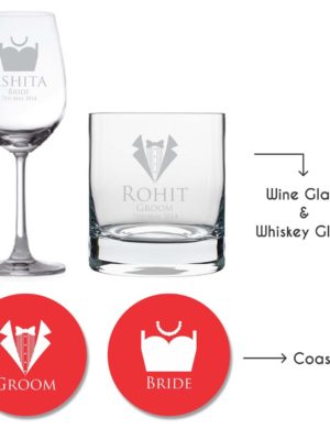 Personalized Bride And Groom Wedding Wine Glass & Whiskey Glass