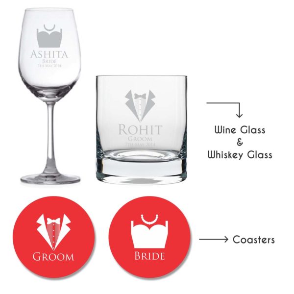 Personalized Bride And Groom Wedding Wine Glass & Whiskey Glass