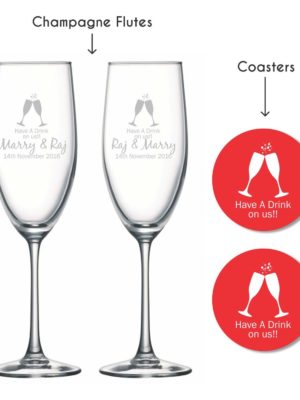 Personalized Have A Drink On Us Champagne Flutes