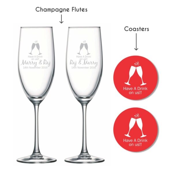 Personalized Have A Drink On Us Champagne Flutes