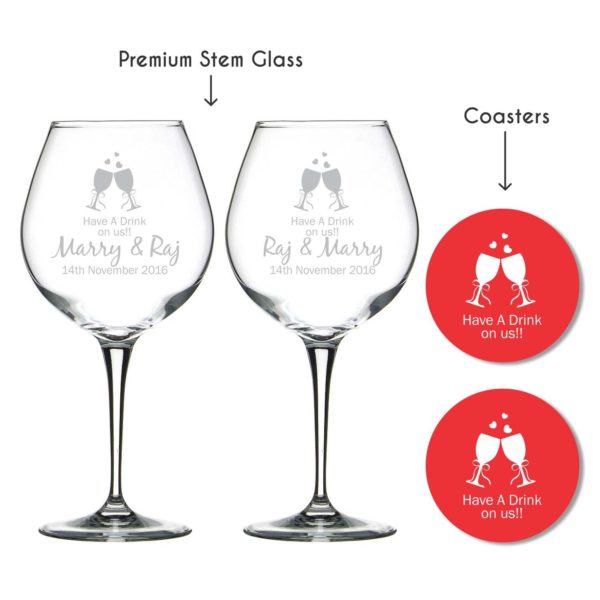 Personalized Have A Drink On Us Wine Glass