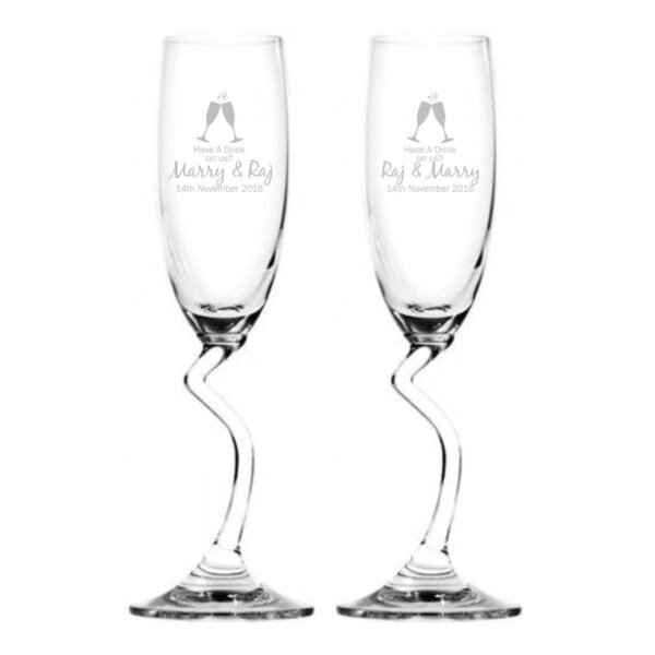 Personalized Have A Drink On Us Champagne Flutes