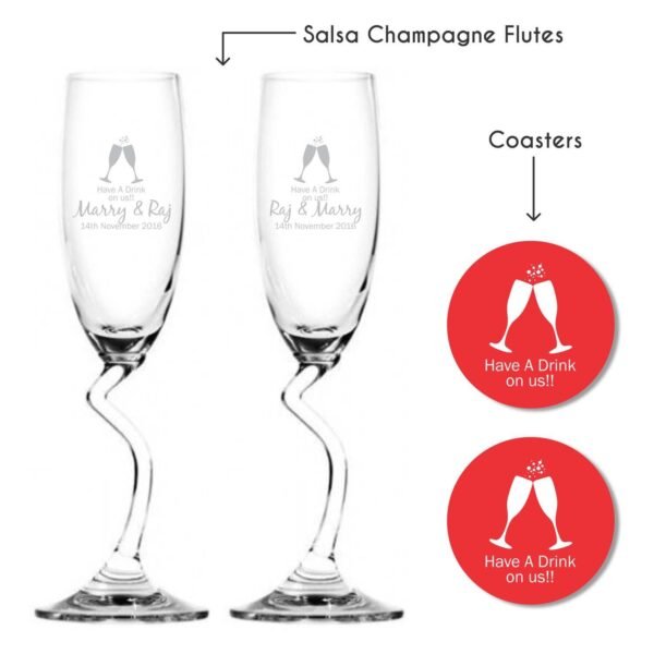 Personalized Have A Drink On Us Champagne Flutes