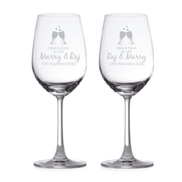 Personalized Have A Drink On Us Wine Glass