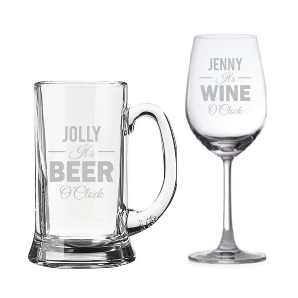 Personalized It's Beer And Wine O'Clock Wine Glass & Beer Mug