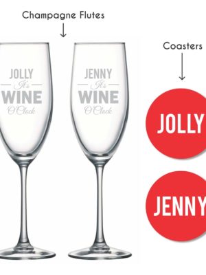 Personalised-Its-Wine-O-Clock-Champagne-Flutes-With-Coaster