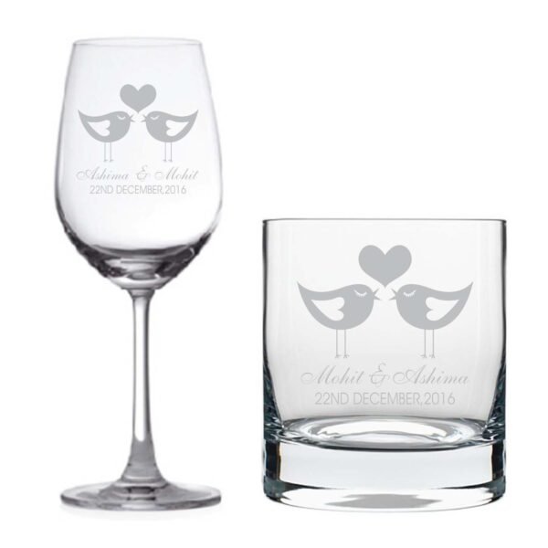 Personalised Love Birds Wine Glass & Whiskey Glass