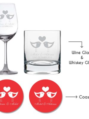 Personalised Love Birds Wine Glass & Whiskey Glass