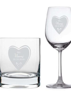 Personalized Mr And Mrs Love Wine Glass & Whiskey Glass