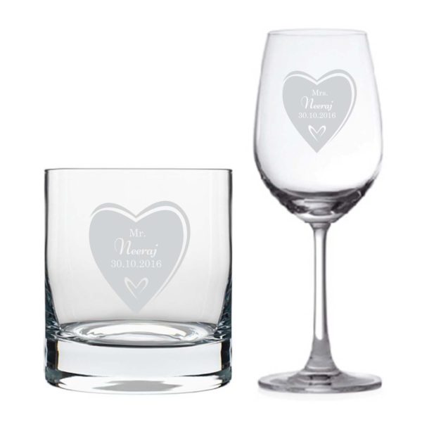 Personalized Mr And Mrs Love Wine Glass & Whiskey Glass