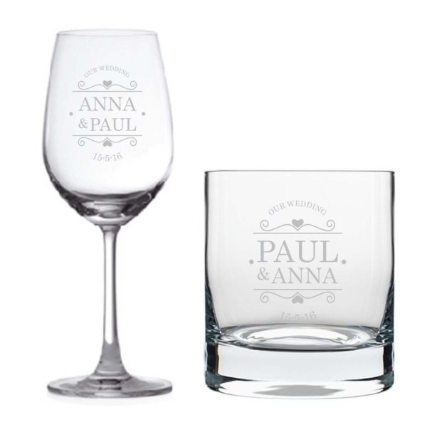 Personalised Our Wedding Wine Glass & Whiskey Glass