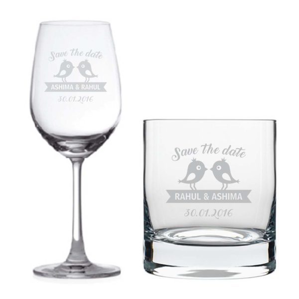 Personalised Save The Date Wedding Wine Glass & Whiskey Glass