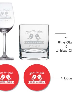 Personalised Save The Date Wedding Wine Glass & Whiskey Glass