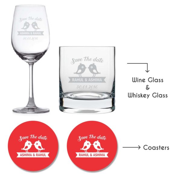 Personalised Save The Date Wedding Wine Glass & Whiskey Glass