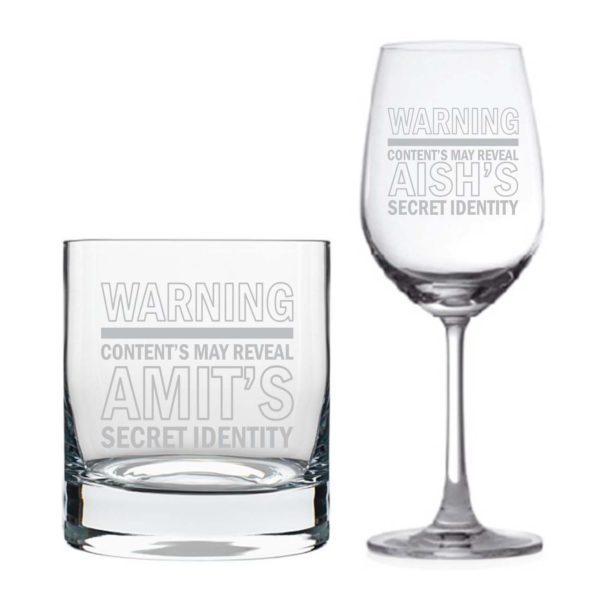 Personalized Warning Secret Identity Wine Glass & Whiskey Glass