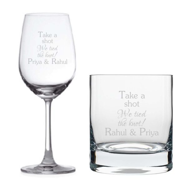 Personalized Take A Shot We Tied The Knot Wedding Wine Glass & Whiskey Glass