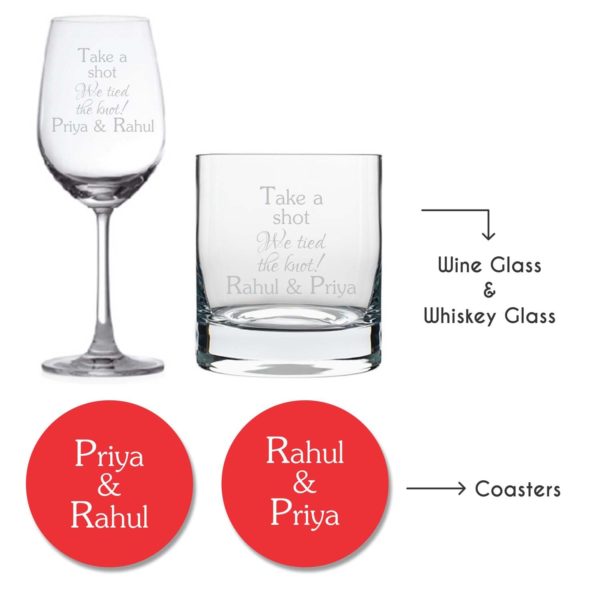 Personalized Take A Shot We Tied The Knot Wedding Wine Glass & Whiskey Glass