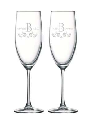 Personalized Floral Names and Monogram Champagne Flutes