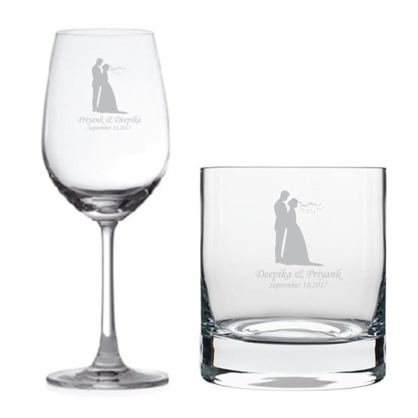 Personalized Just Married Couple Whiskey and Wine Glasses Set of 2