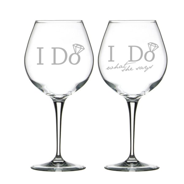 Personalized I Do I Do What She Says Engraved Wedding Wine Glasses