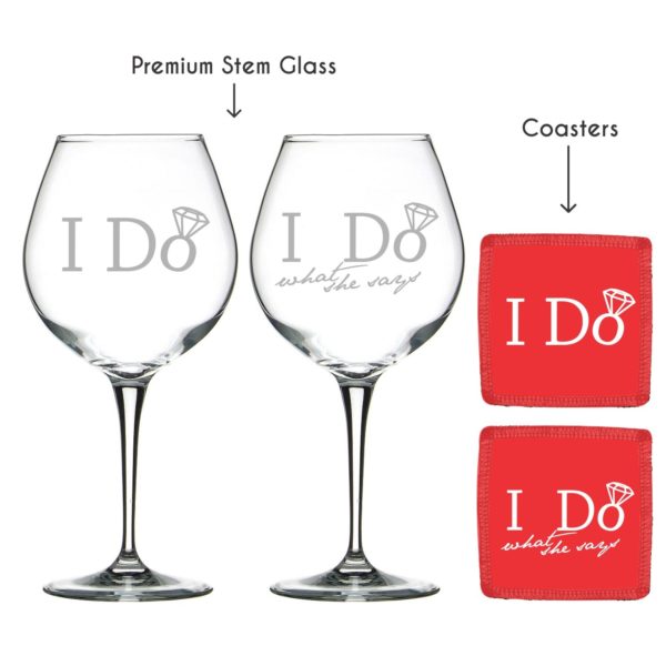 Personalized I Do I Do What She Says Engraved Wedding Wine Glasses