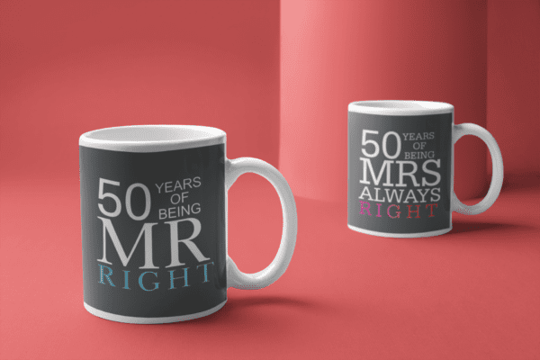 50th Anniversary Gifts, Mr Right Mrs Always Right Couple Coffee Mug Set of 2 with Coasters, Marriage Wedding Anniversary Gifts for Couples, Husband, Wife