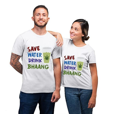 Save Water Drink Bhang Matching  Holi Couple T-shirts