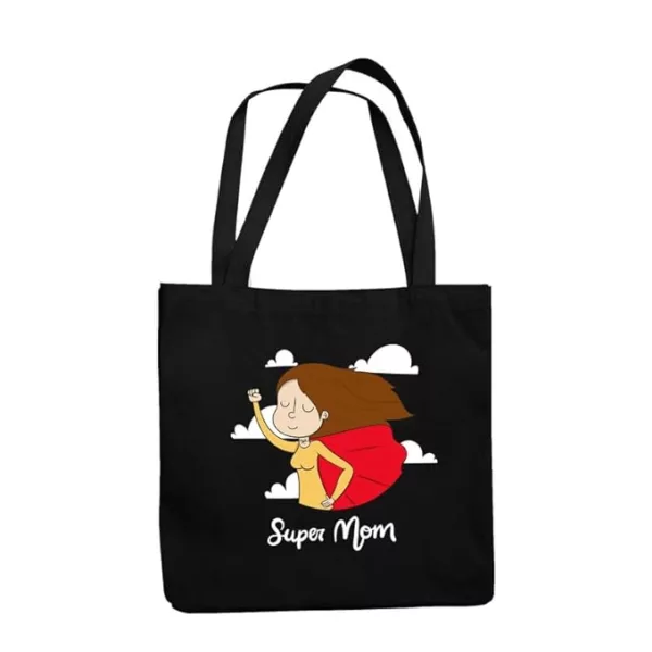 Super Mom Canvas Cotton Black Tote Bag with Zipper