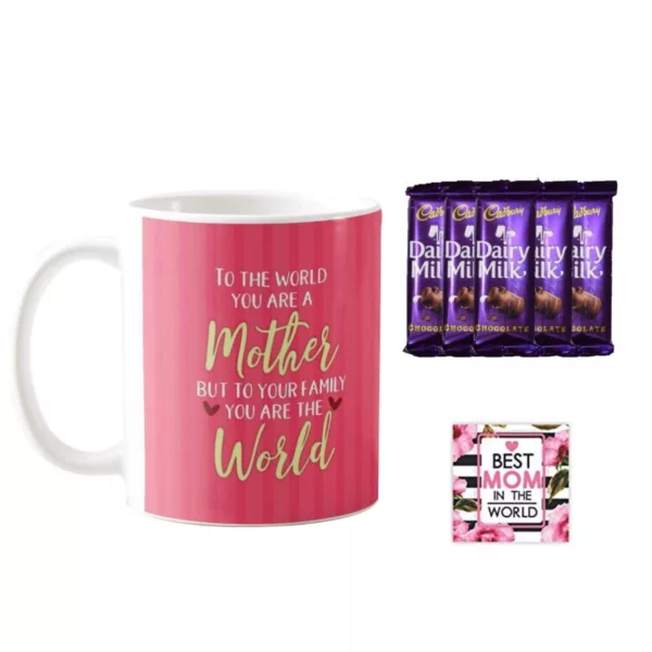 TheYaYaCafe Mothers Day Gifts, Coffee Mug 5 Dairy milk Chocolate (7gm each) Combo with Coaster - Hindi Maa, White