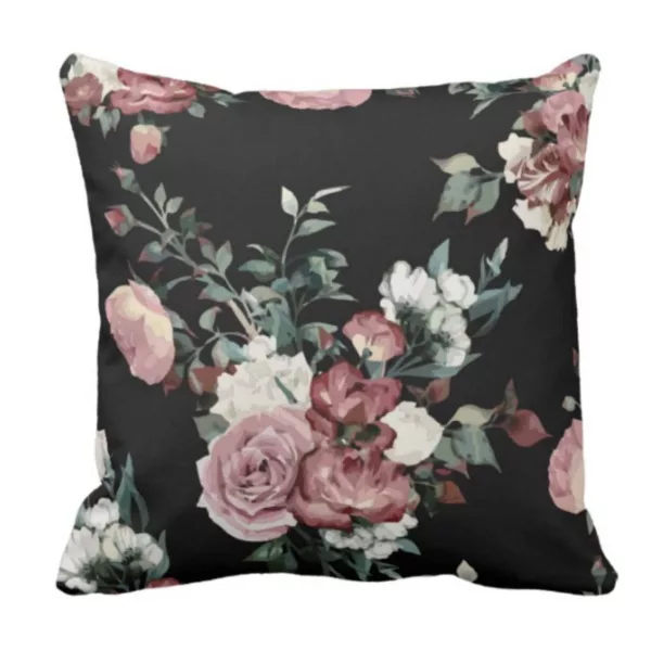TheYaYaCafe Cotton Floral Printed Cushion Cover (Black, 12x12-inch)