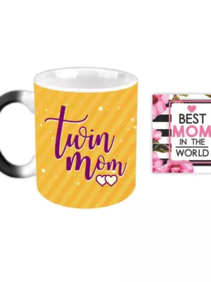 YaYa cafe Mothers Day Gifts for New Twin Mom Magic Coffee Mug with Coaster