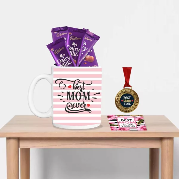 TheYaYaCafe Mothers Day Gifts, Coffee Mug with Coaster 10 Dairy milk Chocolates (7gm each), 1 Award Medal Combo - Best Mom