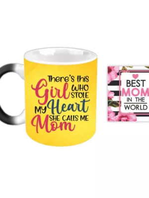 TheYaYaCafe Ceramic There is This Girl Who Stole My Heart She Calls Me Mom Magic Coffee Mug with Coaster - 11 oz