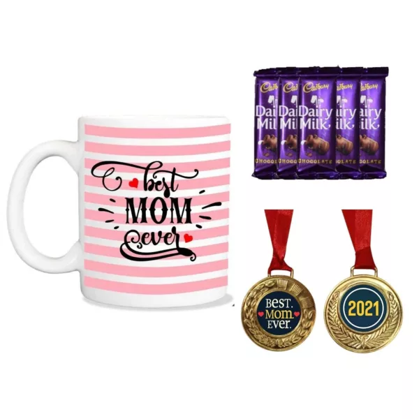 TheYaYaCafe Mothers Day Gifts, Coffee Mug with Coaster 10 Dairy milk Chocolates (7gm each), 1 Award Medal Combo - Best Mom