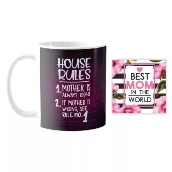 TheYaYaCafe Home Rules Mothers Day Ceramic Coffee Mug with Coaster (330ml)