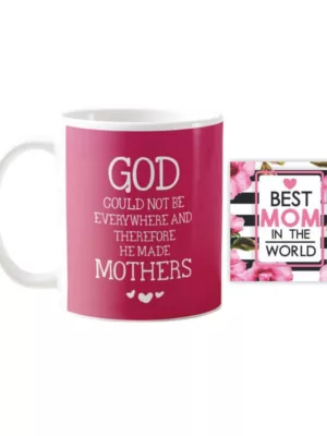 TheYaYaCafe Ceramic God Could Not Be Everywhere and Therefore He Made Mother Coffee Mug with Coaster - Pink, 11 oz