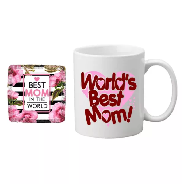 TheYaYaCafe Yaya Cafe Mothers Day Gifts, Heart Worlds Best Mom Coffee Mug for Mother, Coaster Combo Set of 2