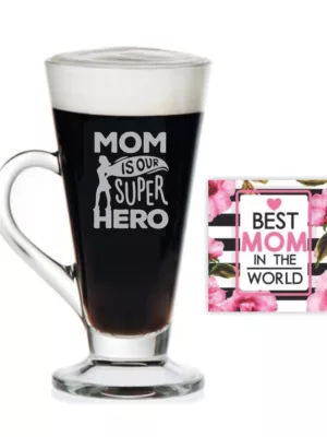 YaYa cafe Mothers Day Gifts for Mom is Our Super Hero Engraved Glass Tea Cups Mugs with Coaster