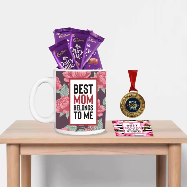 TheYaYaCafe Mothers Day Gifts, Coffee Mug with Coaster 10 Dairy milk Chocolates (7gm each), 1 Award Medal Combo - Best Mom