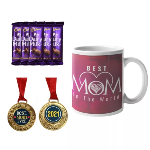 TheYaYaCafe Mothers Day Gifts, Coffee Mug with Coaster 10 Dairy milk Chocolates (7gm each), 1 Award Medal Combo - Best Mom