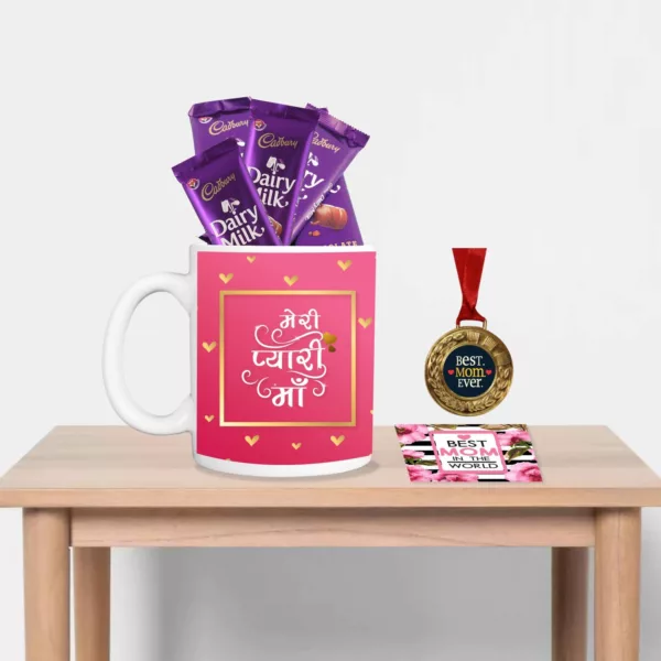 TheYaYaCafe Mothers Day Gifts, Coffee Mug with Coaster 10 Dairy milk Chocolates (7gm each), 1 Award Medal Combo - Best Mom