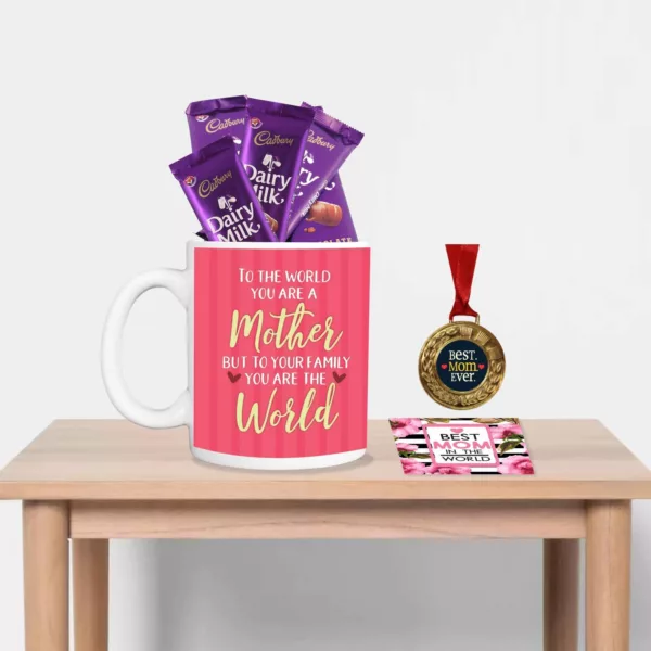 TheYaYaCafe Mothers Day Gifts, Coffee Mug with Coaster 10 Dairy milk Chocolates (7gm each), 1 Award Medal Combo - Best Mom