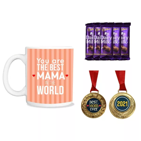 TheYaYaCafe Mothers Day Gifts, Coffee Mug with Coaster 10 Dairy milk Chocolates (7gm each), 1 Award Medal Combo - Best Mom