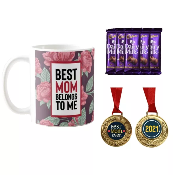 TheYaYaCafe Mothers Day Gifts, Coffee Mug with Coaster 10 Dairy milk Chocolates (7gm each), 1 Award Medal Combo - Best Mom