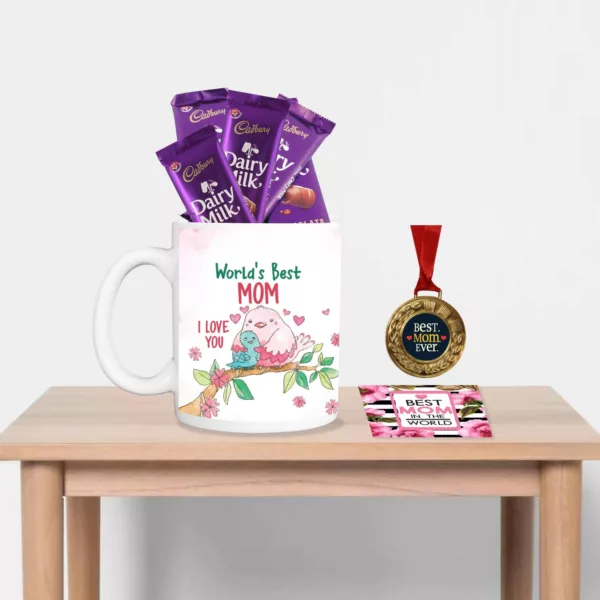 TheYaYaCafe Mothers Day Gifts, Coffee Mug with Coaster 10 Dairy milk Chocolates (7gm each), 1 Award Medal Combo - Best Mom