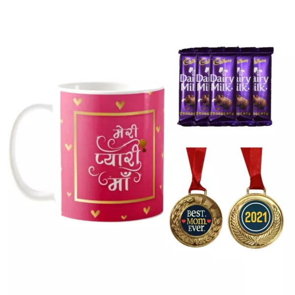 TheYaYaCafe Mothers Day Gifts, Coffee Mug with Coaster 10 Dairy milk Chocolates (7gm each), 1 Award Medal Combo - Best Mom