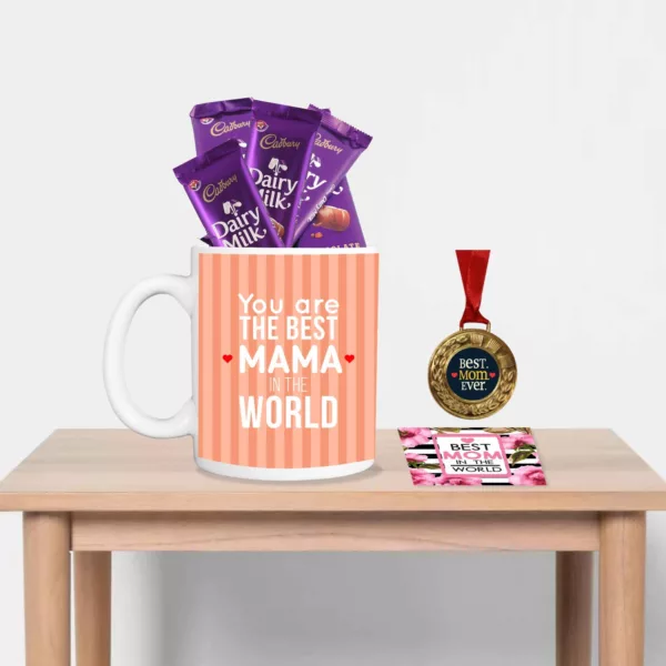 TheYaYaCafe Mothers Day Gifts, Coffee Mug with Coaster 10 Dairy milk Chocolates (7gm each), 1 Award Medal Combo - Best Mom