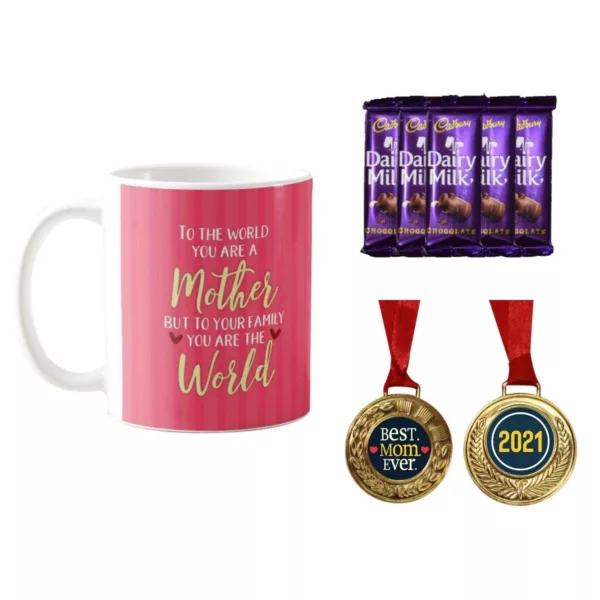 TheYaYaCafe Mothers Day Gifts, Coffee Mug with Coaster 10 Dairy milk Chocolates (7gm each), 1 Award Medal Combo - Best Mom