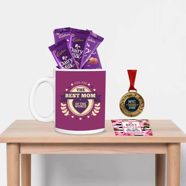 TheYaYaCafe Mothers Day Gifts, Coffee Mug with Coaster 10 Dairy milk Chocolates (7gm each), 1 Award Medal Combo - Best Mom