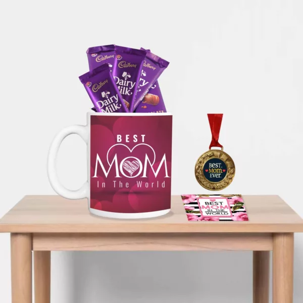 TheYaYaCafe Mothers Day Gifts, Coffee Mug with Coaster 10 Dairy milk Chocolates (7gm each), 1 Award Medal Combo - Best Mom